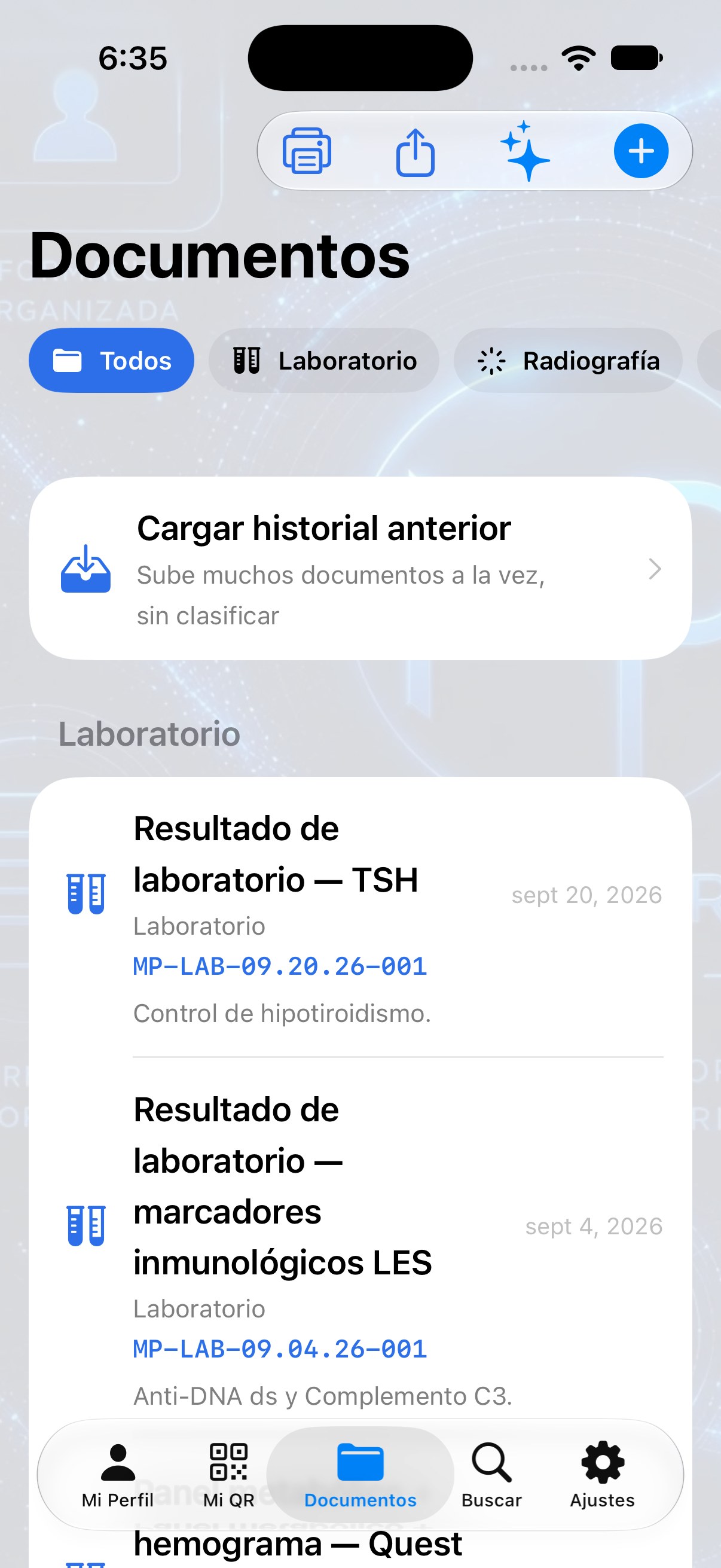Pestaña Documentos — Cargar historial anterior