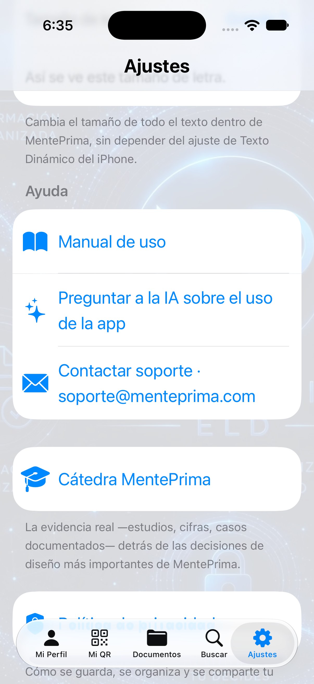 Ajustes — Ayuda, Cátedra MentePrima y Política de privacidad