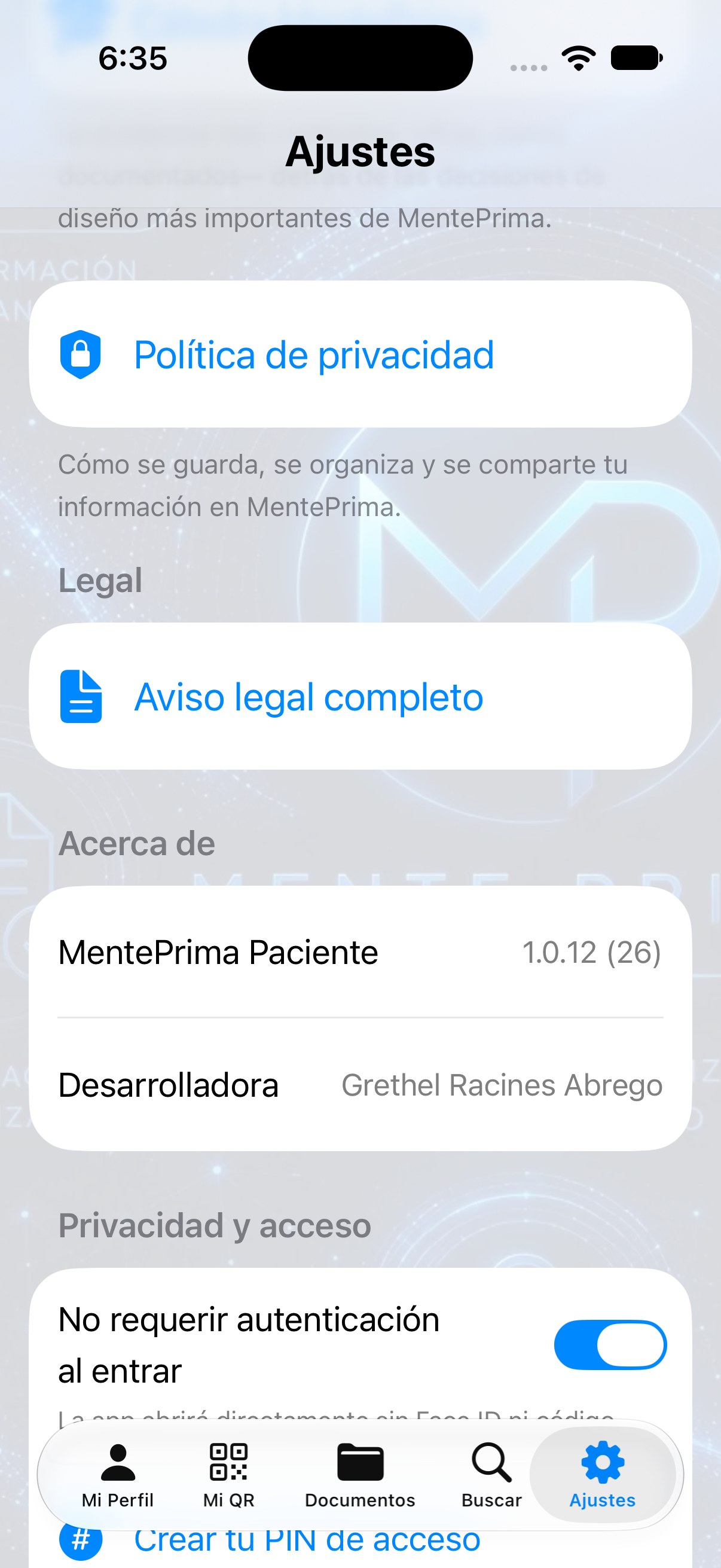 Ajustes — Legal, Acerca de y Privacidad y acceso