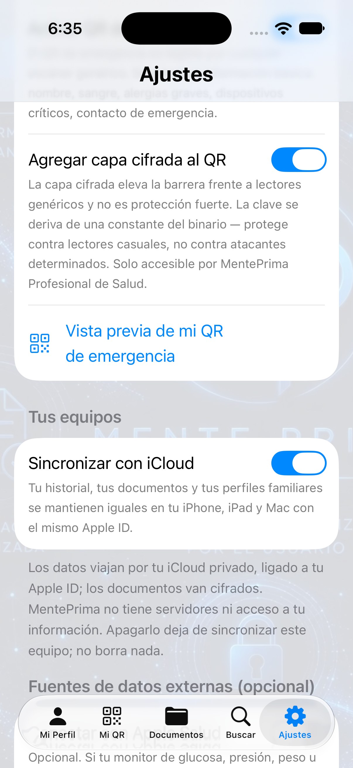 Ajustes — QR de emergencia y Sincronizar con iCloud
