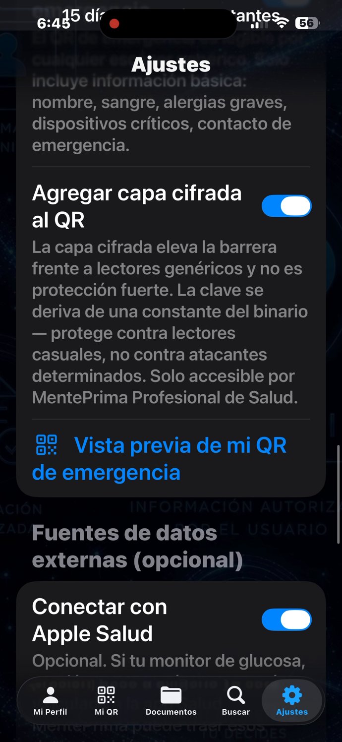 Ajustes — capa cifrada del QR de emergencia