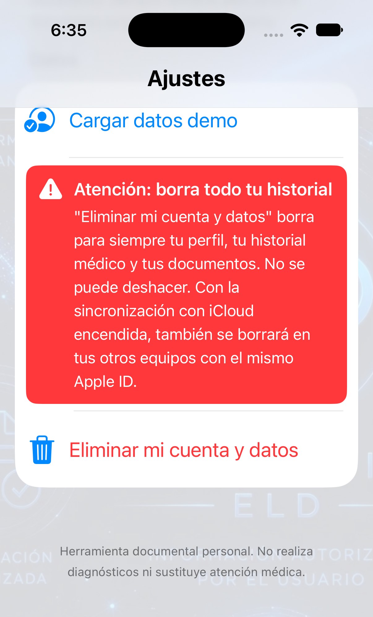 Ajustes — eliminar cuenta, con aviso en rojo