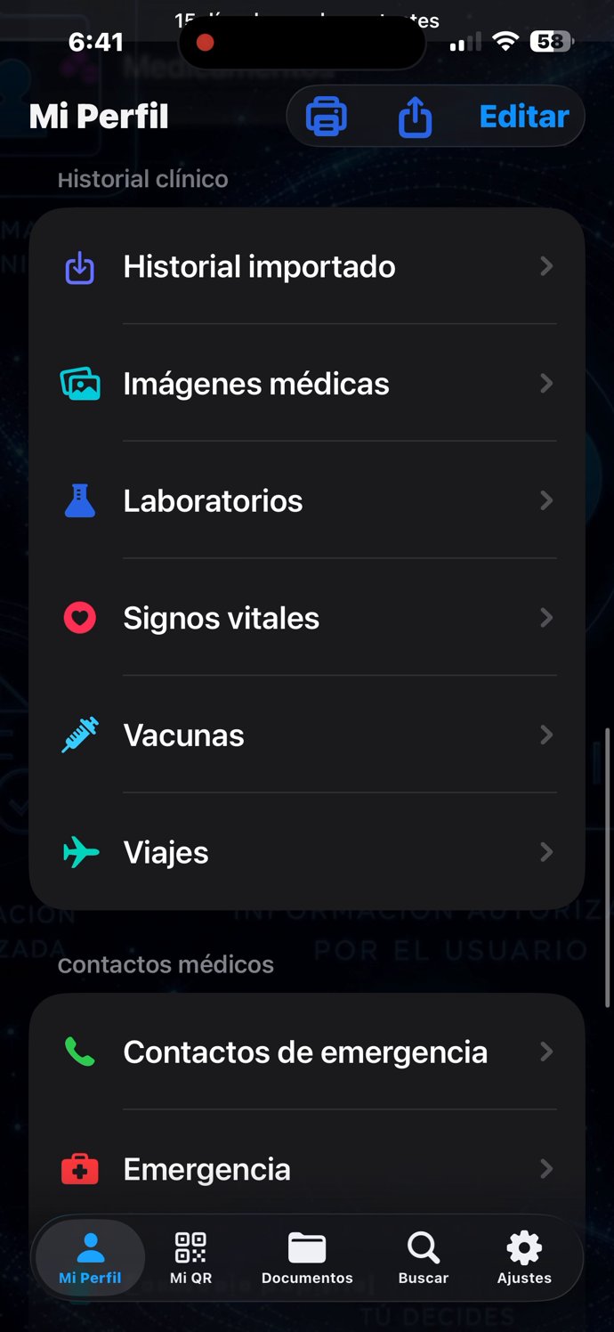 Mi Perfil — entra el historial clínico