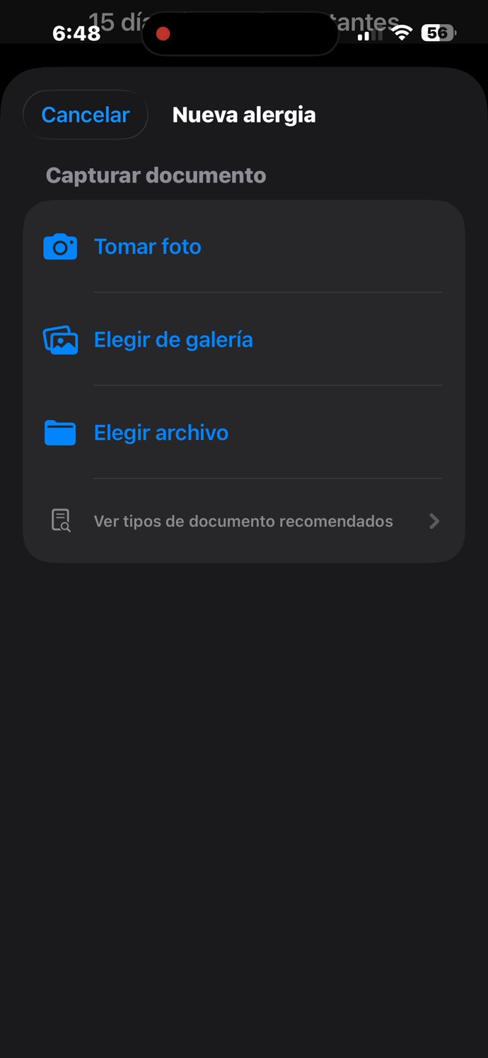 Alergias — menú para registrar una nueva